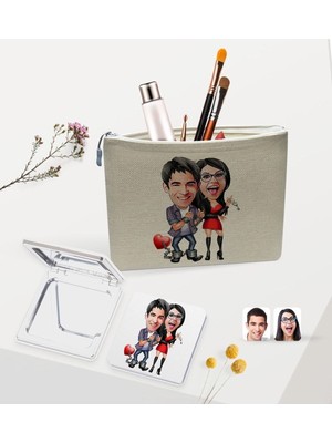 Kişiye Özel Renkli Karikatürlü Keten Makyaj Çantası ve Ayna Seti, Güzel Hediye
