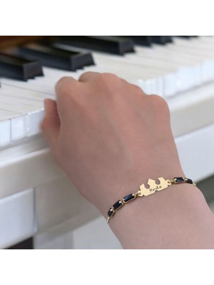 Archin Seda İsmine Özel Siyah Taş Desenli Taç Motifli 14  Ayar Altın Plakalı Hediye Bileklik-510 İsim