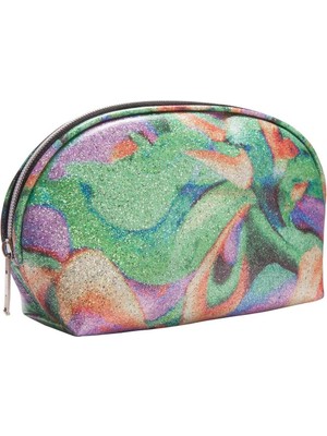 Parlak Yeşil Simli Deri ve Pvc Kaplı Şık Makyaj Çantası