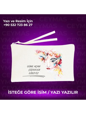 Isimli Keten Makyaj Çantası, Güne Açan Çiçekler Gibi Güzel ve Şık Tasarım.