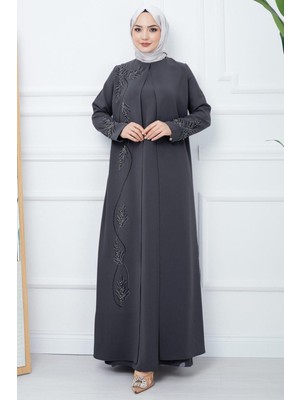 Büyük Beden Yaprak Taşlı Anne Elbisesi Füme HM2350
