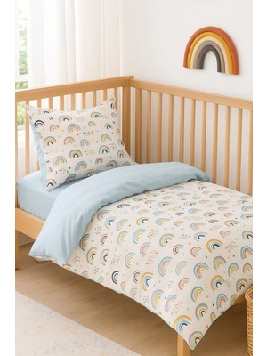 Bebek Özel Pamuk Bebek/çocuk Yastık Çarşaf Yorgan Seti Gökkuşağı Mavili