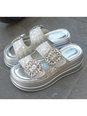 Guja 25Y405-2 Kadın Yüksek Taban Taşlı Çift Bant Cırtlı Ayarlı Terlik