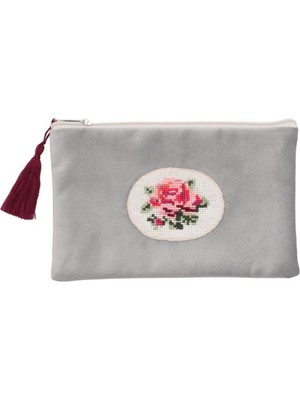 Kadife Kanaviçe Gri Makyaj Çantası, Şık ve Kullanışlı Seyahat Aksesuarı