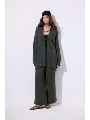 Müslin Geniş Kollu Kimono Koyu Yeşil