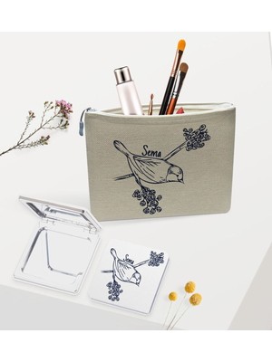 Kişiye Özel Renkli Keten Makyaj Çantası ve Ayna Seti, Sevgililer Günü Hediye