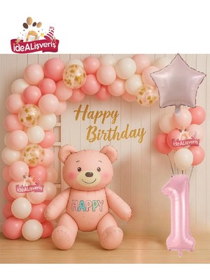 Kız Çocuklar Için Pembe Yaş Ayıcık Folyo Balonlu Doğum Günü Parti Seti Süsü
