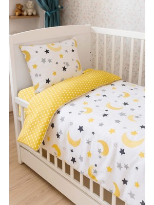 Bebek Özel %100 Pamuk Bebek/çocuk Yastık Çarşaf Yorgan Seti Sarı Ay Yıldızlı/ Puantiyeli 70 x 110 cm