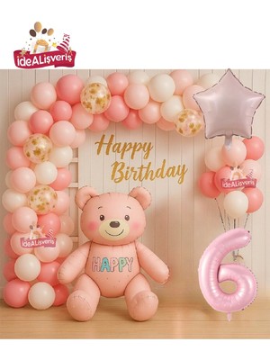 Kız Çocuklar Için Pembe Yaş Ayıcık Folyo Balonlu Doğum Günü Parti Seti Süsü