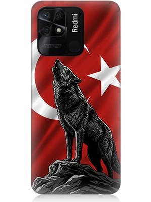 Xiaomi Redmi 10C Uyumlu Bayrak Önünde Uluyan Kurt  Desenli Silikon Kılıf