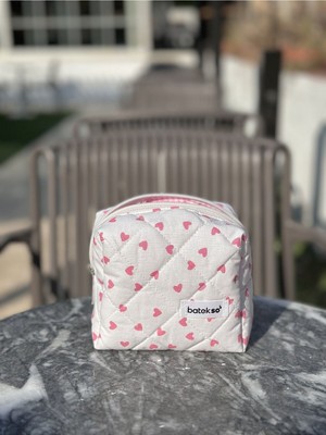 Mini Pembe Kalp Desenli Sevimli Makyaj Çantası, Küçük Boy, Şık ve Pratik