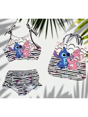 Kız Çocuk Karakter Baskılı Eteği Fırfırlı- Ip Bağlamalı Çanta Mayo Bikini 3 Lü Takım