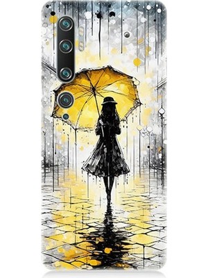Xiaomi Mi Note 10 Uyumlu Yağmurda Sarı Şemsiye Altında  Desenli Silikon Kılıf