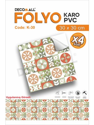 K-30 Kendinden Yapışkanlı Folyo Suya Dayanıklı Mutfak Banyo Zemin Kaplama 30X30CM (Laminasyonlu)