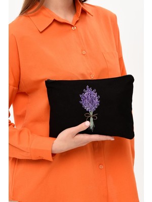 Lavender Bunch Kanvas Makyaj Çantası, Siyah, Şık ve Pratik Tasarım