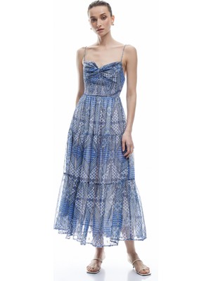 Koton Astarlı Etnik Desenli Parıltılı Kalp Yaka Uzun Ince Askılı Şifon Elbise