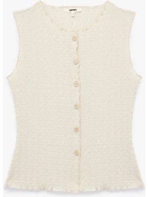 Koton Bürümcük Kumaş Slim Fit Bisiklet Yaka Dokulu Kolsuz Düğmeli Bluz