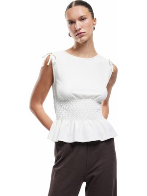 Koton Slim Fit Bürümcük Kumaş Gipeli Kayık Yaka Kolsuz Bluz