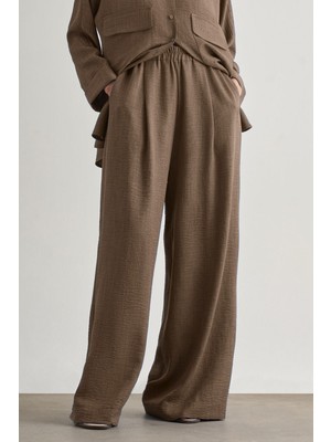 Mizalle  Keten Dokulu Beli Lastikli Kahverengi Bol Kesim Pantolon