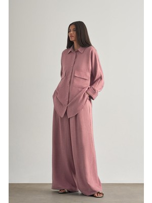 Mizalle  Keten Dokulu Beli Lastikli Pudra Pembe Bol Kesim Pantolon