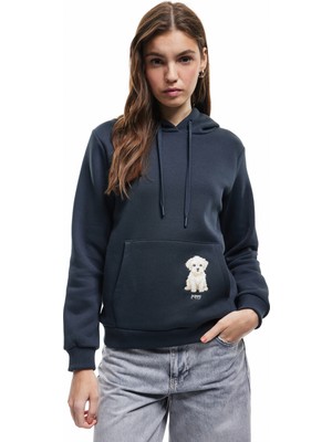 Koton Şardonlu Uzun Kollu Kapüşonlu Köpek Nakışlı Kanguru Cepli Sweatshirt