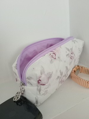 Lila Gül Desenli Kapitone Kalemlik ve Düzenleyici Çanta Orta Boy