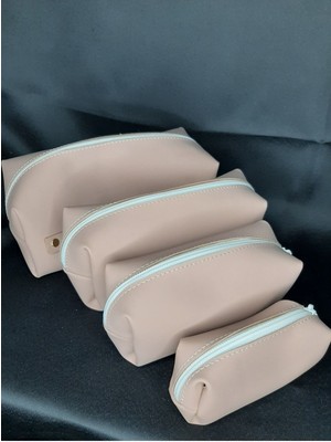 Bej 4'lü El Tutmalı Şık Makyaj Çantası Seti