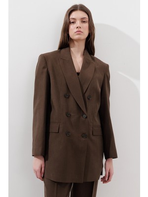 Tencel Kemerli Kruvaze Blazer Ceket Acı Kahve