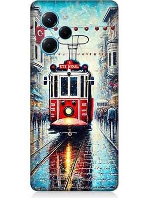 Teknomeg Xiaomi Poco X5 Pro Uyumlu Yağmurlu Sokakta Kırmızı Tramvay  Desenli Silikon Kılıf