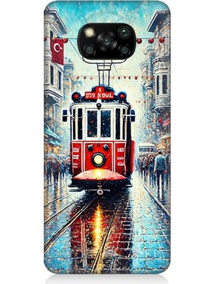 Teknomeg Xiaomi Poco X3 Uyumlu Yağmurlu Sokakta Kırmızı Tramvay  Desenli Silikon Kılıf