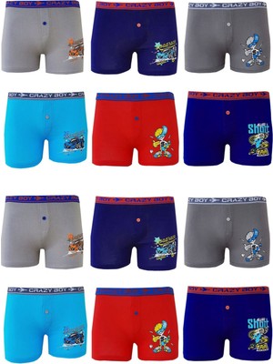 12LI Erkek Çocuk Renkli Baskılı Boxer Külot Çocuk Baksır