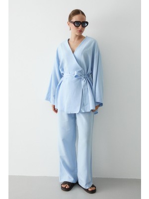 Mavi Pamuklu Kimono Bol Paça Pantolon Takım