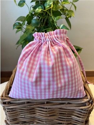 Pötikareli Keten Mini Bez Çanta, Büzgülü Iç Düzenleyici, Makyaj ve Küçük Eşyalar Için 20X20