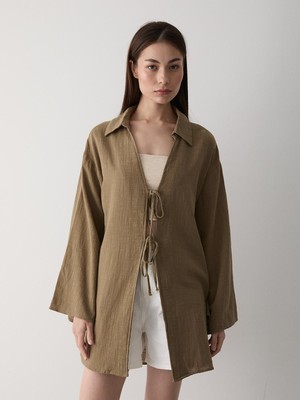 Laluvia Kimono Bluz %100 Pamuk Keten Bağcık Detaylı Kadın Hırka Zeytin Yeşili