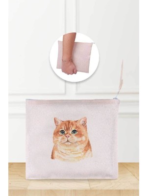 Sarı Kedi Desenli Keten Makyaj Çantası, Şık ve Hafif Taşıma Kolaylığıyla