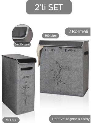 About The Perfect Gri 2’li Keçe Deri Detaylı Kapaklı Çamaşır Sepeti Seti