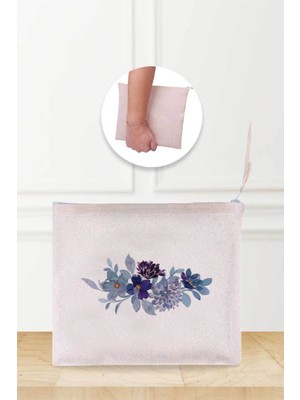 Mor Çiçek Desenli Şık Keten Makyaj Çantası, Geniş ve Kullanışlı Tasarım