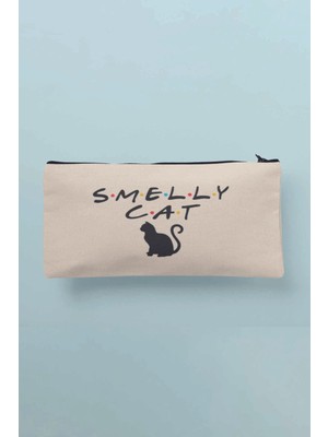 Sevimli Kedi Temalı Bez Makyaj Çantası ve Kalemlik, Bej Renk
