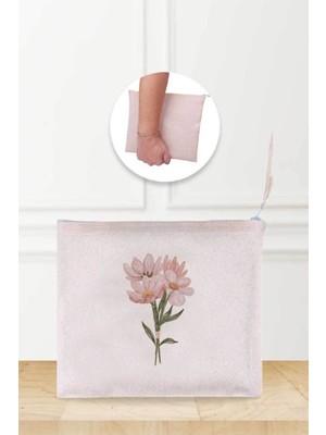 Pembe Çiçek Desenli Keten Makyaj Çantası, Şık ve Kullanışlı.
