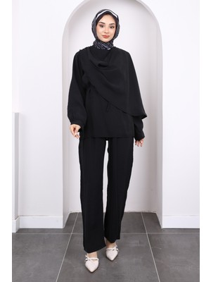 Siyah Şal Detaylı Tunik Pantolonlu Takım