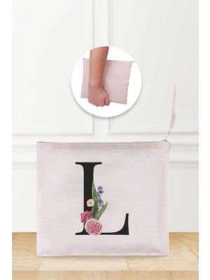 L Harfli Desenli Keten Makyaj Çantası, Şık ve Kullanışlı Tasarım