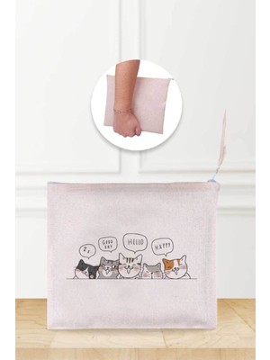 Kedi Desenli Bej Keten Makyaj Çantası, Şık ve Hafif Seyahat Aksesuarı