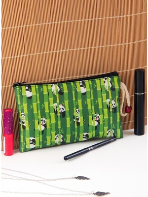 Yeşil Bambu Desenli Fermuarlı Orta Boy Makyaj ve Kalem Çantası 12X20CM