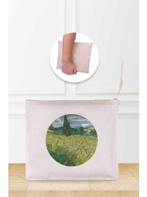 Yeşil Tarla Desenli Keten Makyaj Çantası, Şık ve Hafif Tasarım