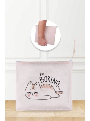 Sevimli Kedi Desenli Bej Keten Makyaj Çantası