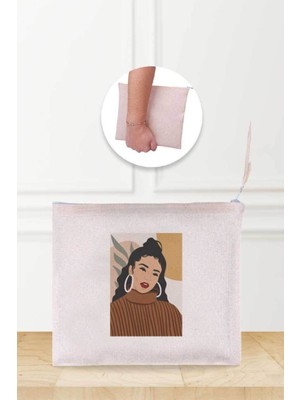 Bej Kadın Soyut Desenli Keten Makyaj Çantası, Şık ve Kullanışlı Tasarım