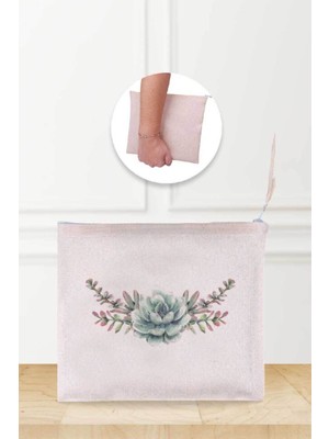 Yeşil Sukulent Desenli Keten Makyaj Çantası, Şık ve Kullanışlı Tasarım.