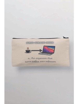 Bej Renkli Programcı Temalı Baskılı Çok Amaçlı Çanta ve Kalemlik Seti