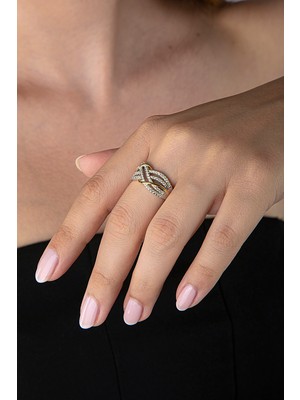 INNUENDO JEWELRY 925 Ayar Gümüş Çift Renk Örgü Motifli Taşlı Yüzük Zirkon Taşlı Kadın Şık Modern Gümüş Yüzük