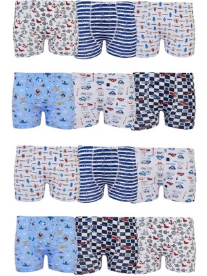 12LI Erkek Çocuk Renkli Boxer Desenli Baskılı Pamuklu Rahat